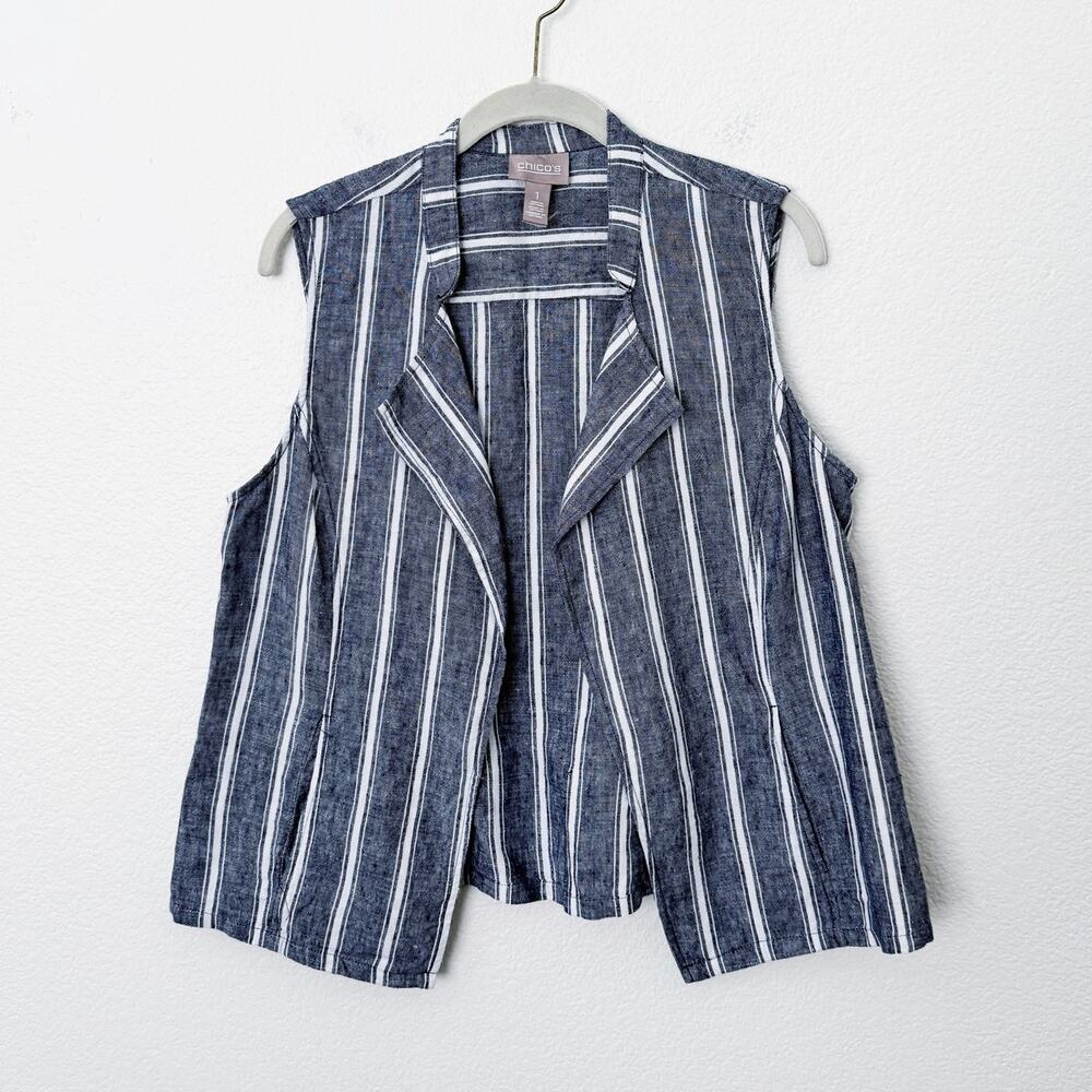 [Chico's] Linen Blue White Striped Coastal Sleeveless Open Vest Top Sz Medium M